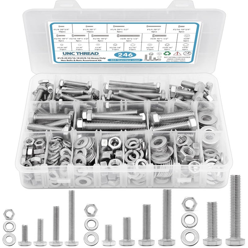 SATANTECH 246PCS Hex Head Bolts and Nuts Assortment Kit, Stainless Steel 1/4-20, 5/16-18, 3/8-16, Assorted Nuts and Bolts, Flat & Spring Lock Washers with Case - Image 1